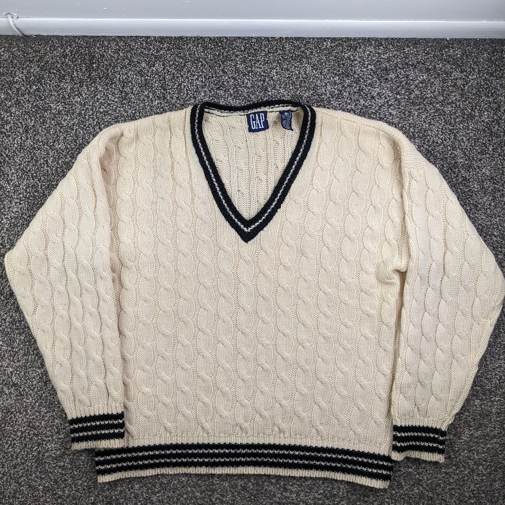 Vintage 90s Gap Sweater Tennis Cricket Wool Cable Knit V Neck Ivory Mens Large